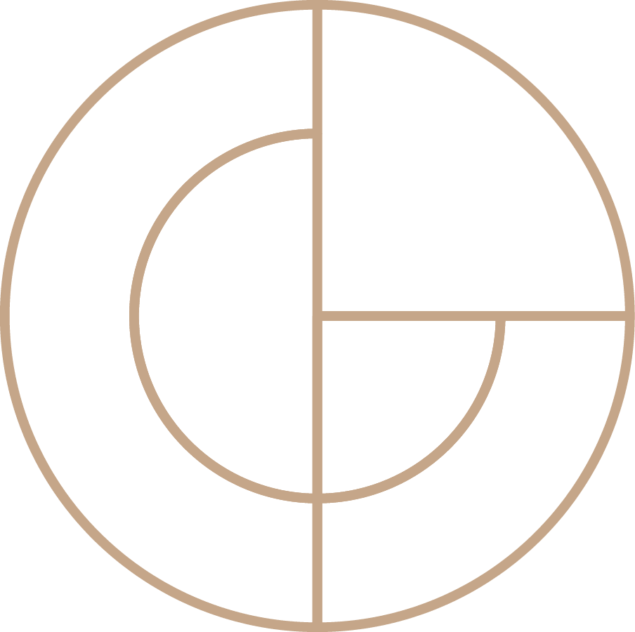 A minimalist geometric illustration featuring concentric circles intersected by perpendicular lines creating a cross and grid pattern in muted beige tones.