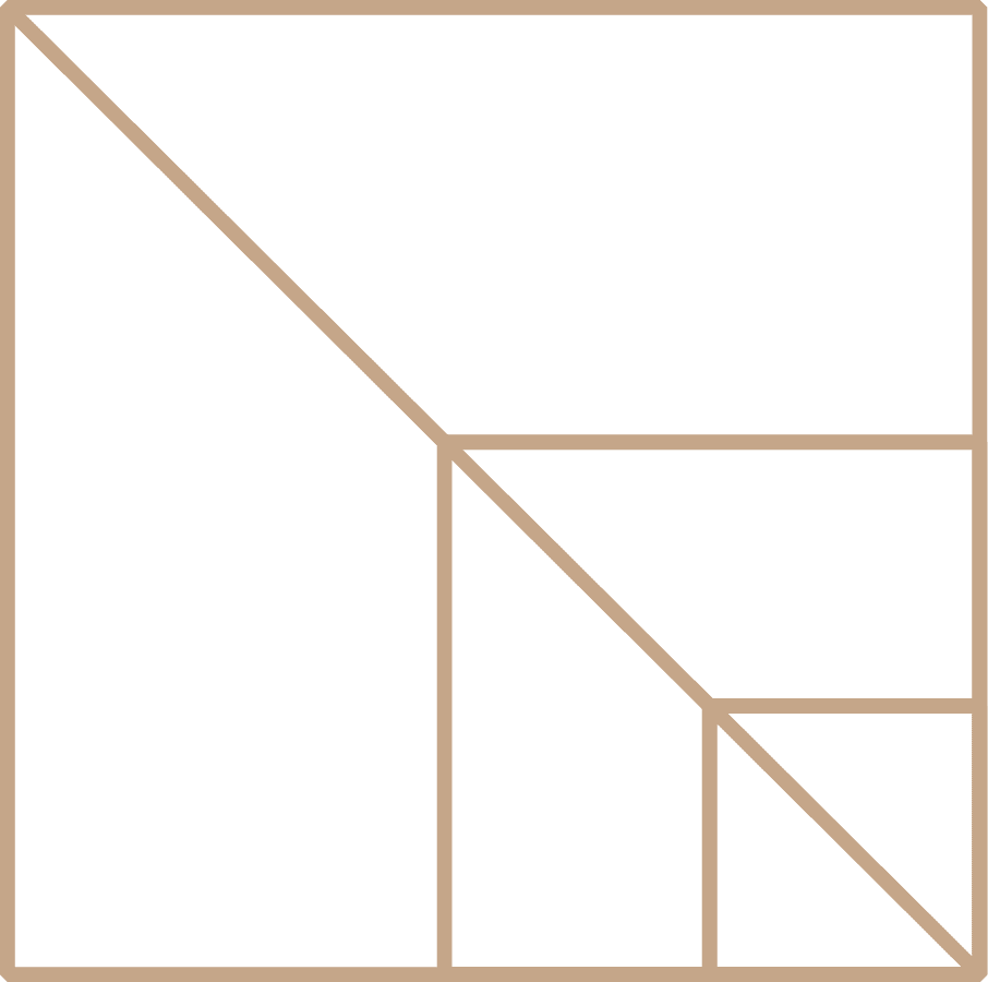 A minimalist geometric diagram featuring nested rectangles with diagonal lines creating a spiral or recursive pattern in tan and white.