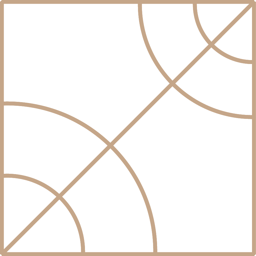 An abstract geometric design featuring curved lines and quarter-circle arcs in warm tan tones arranged in a symmetrical pattern on a white background.