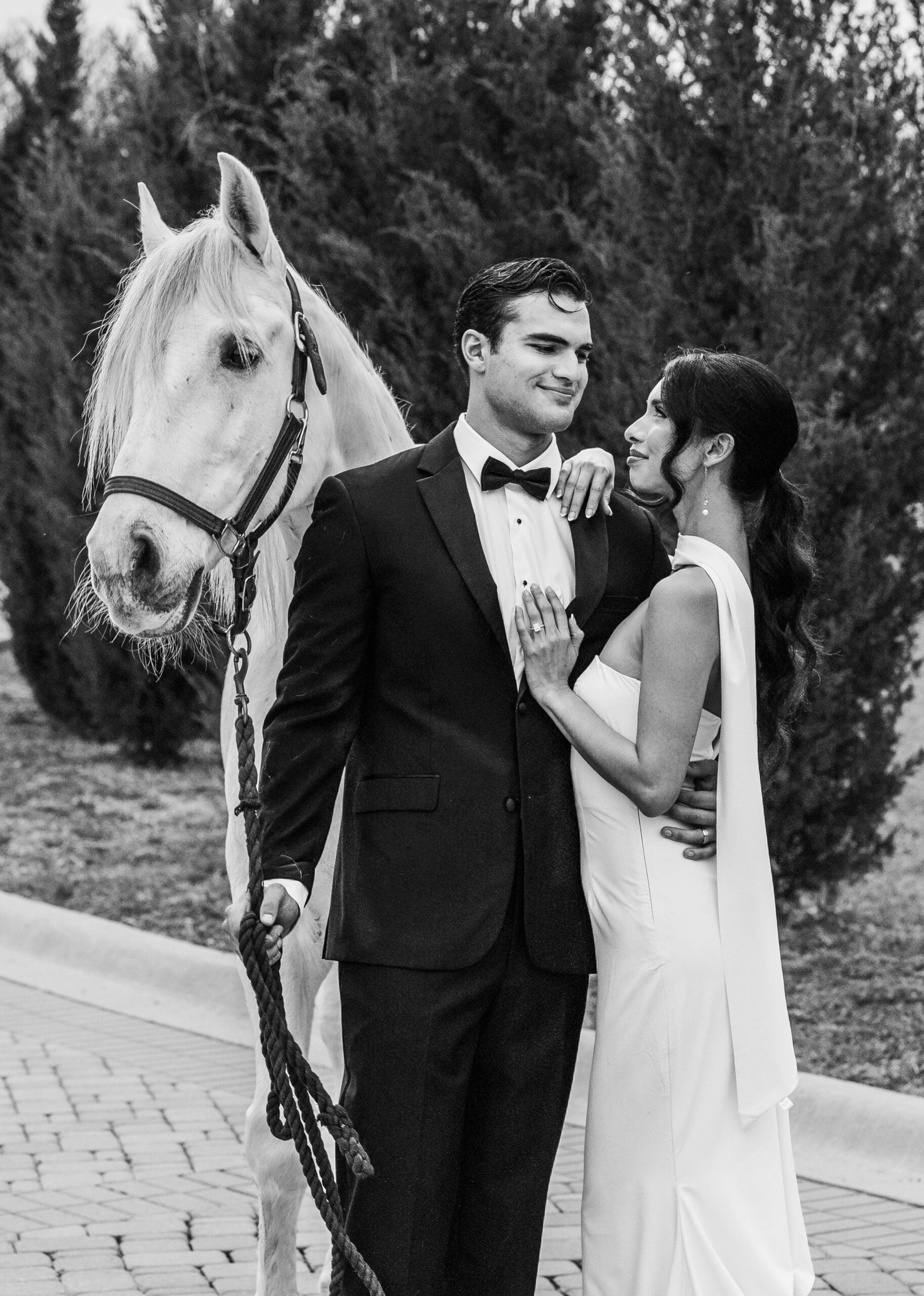 Bride and groom posing with a white horse in formal attire